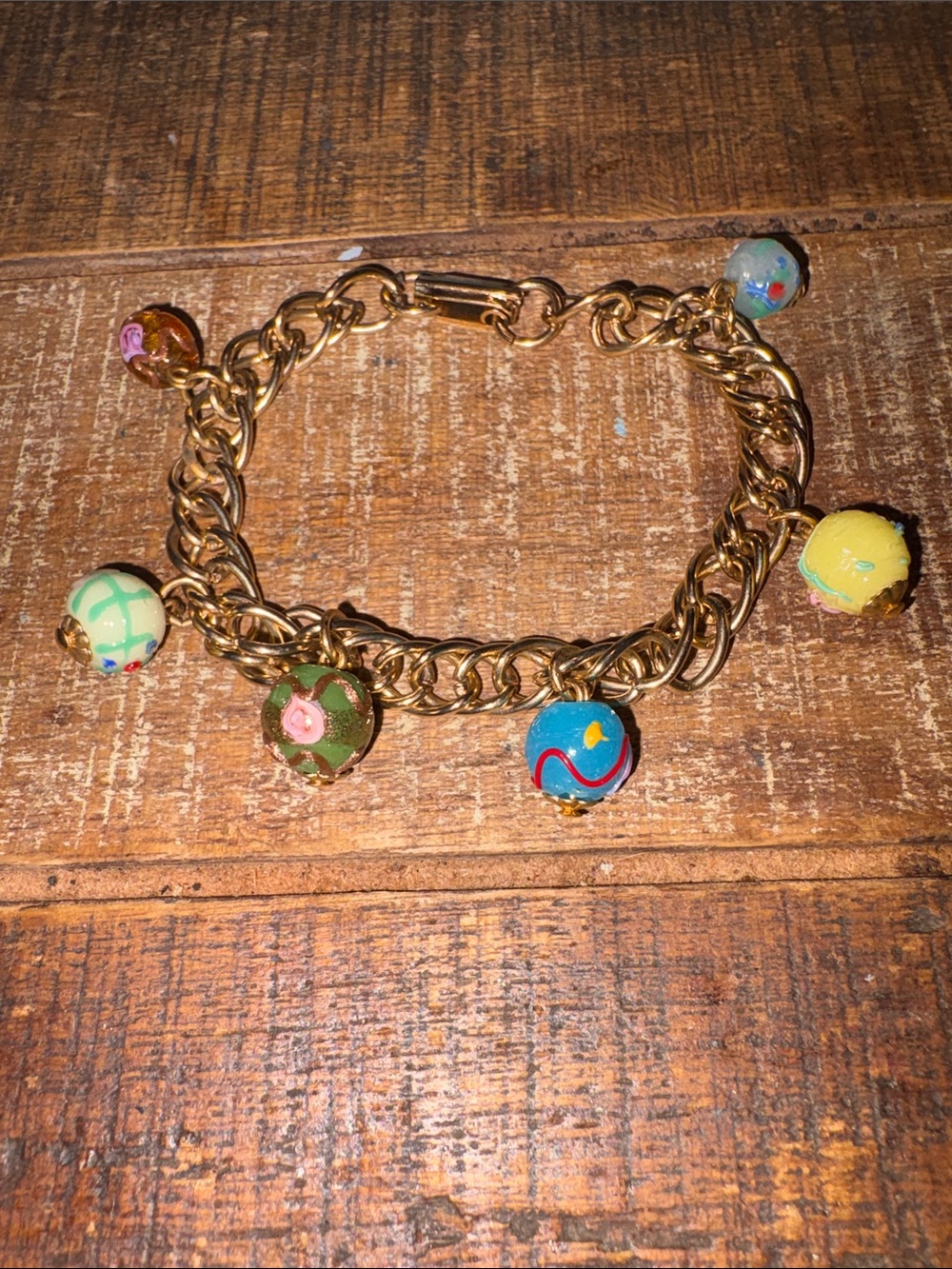 Vintage Stunning Gold Chain Charm Bracelet with Multicolor Glass Beaded Charms